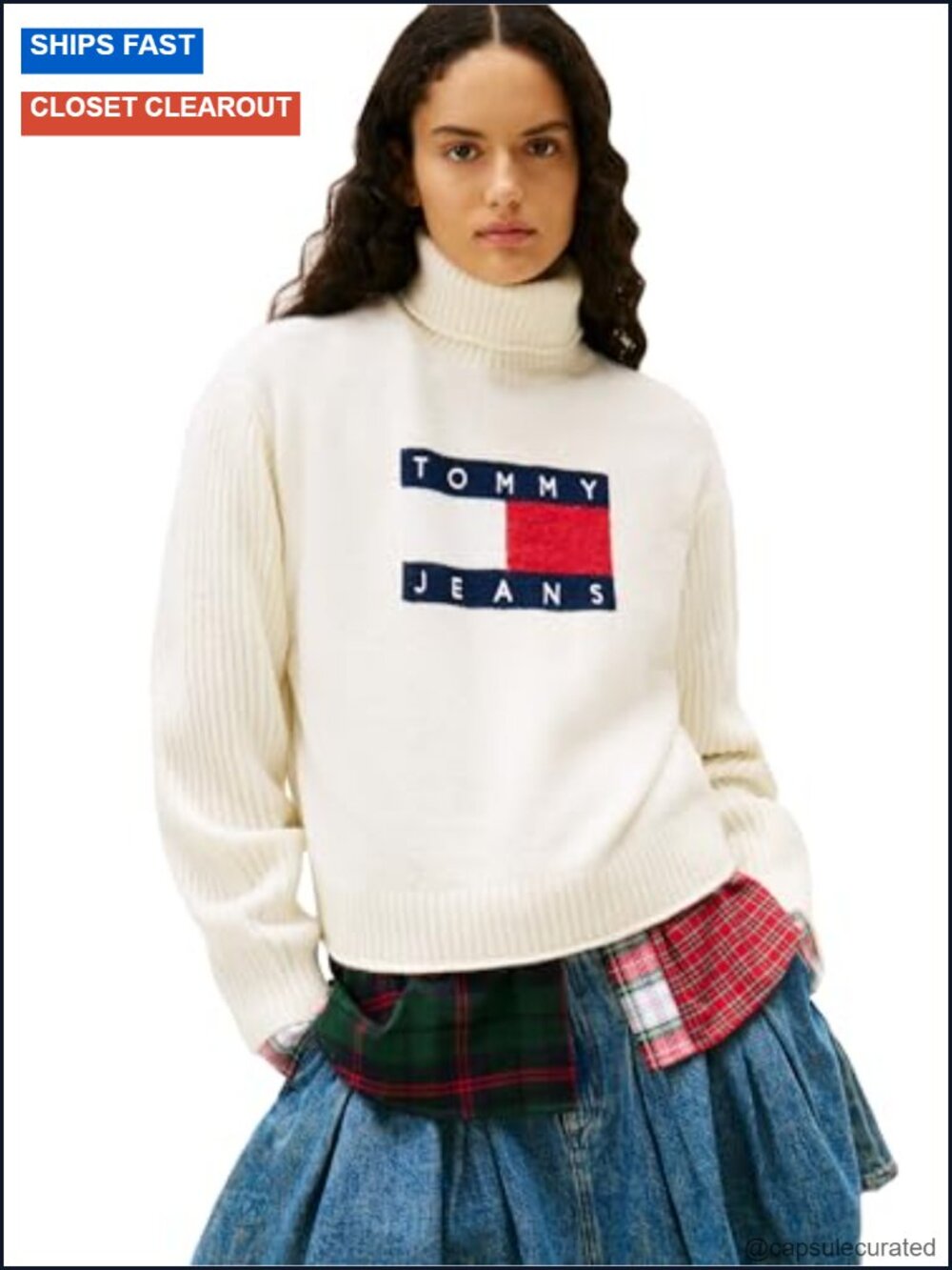 Women's Wool Blend Turtleneck Sweater, Medium Weight Pullover, Big Flag Logo,